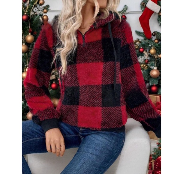 Red Plaid Super Soft Quarter Zip Long Sleeve Hooded Sweatshirt - Picture 5 of 5